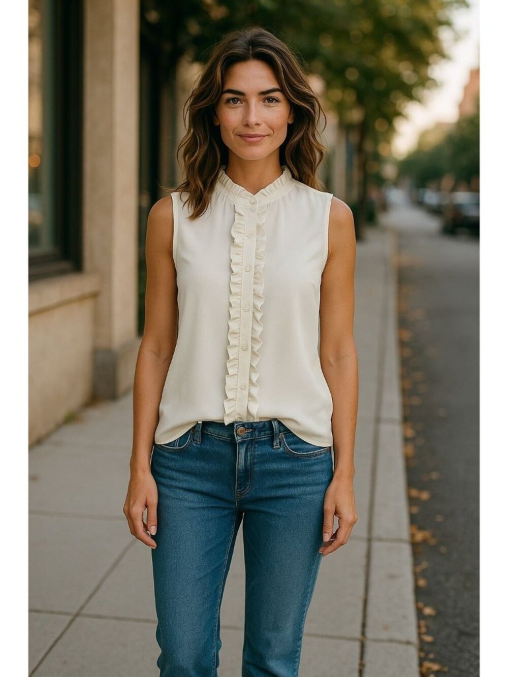 NEW Banana Republic Size PL Ruffle Front Collared Sleeveless Button Up Cream